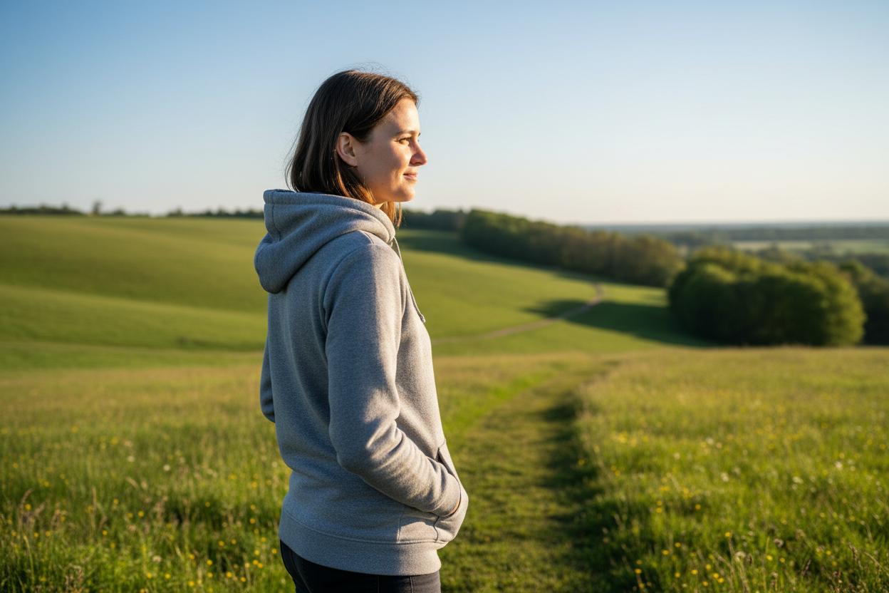outdoors, happy. nice looking day with person wearing a nice hoodie, maybe hide the front of the hoody have their body positioned away from the camera